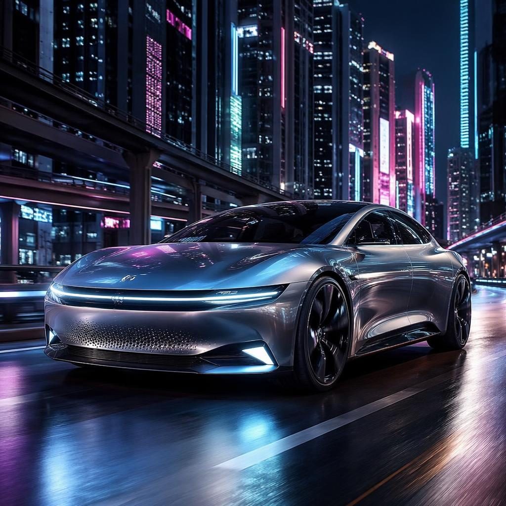 Futuristische elektrische Limousine im Stil von 2050 mit Chromkarosserie, Front-Dreiviertelansicht auf Neon-Highway