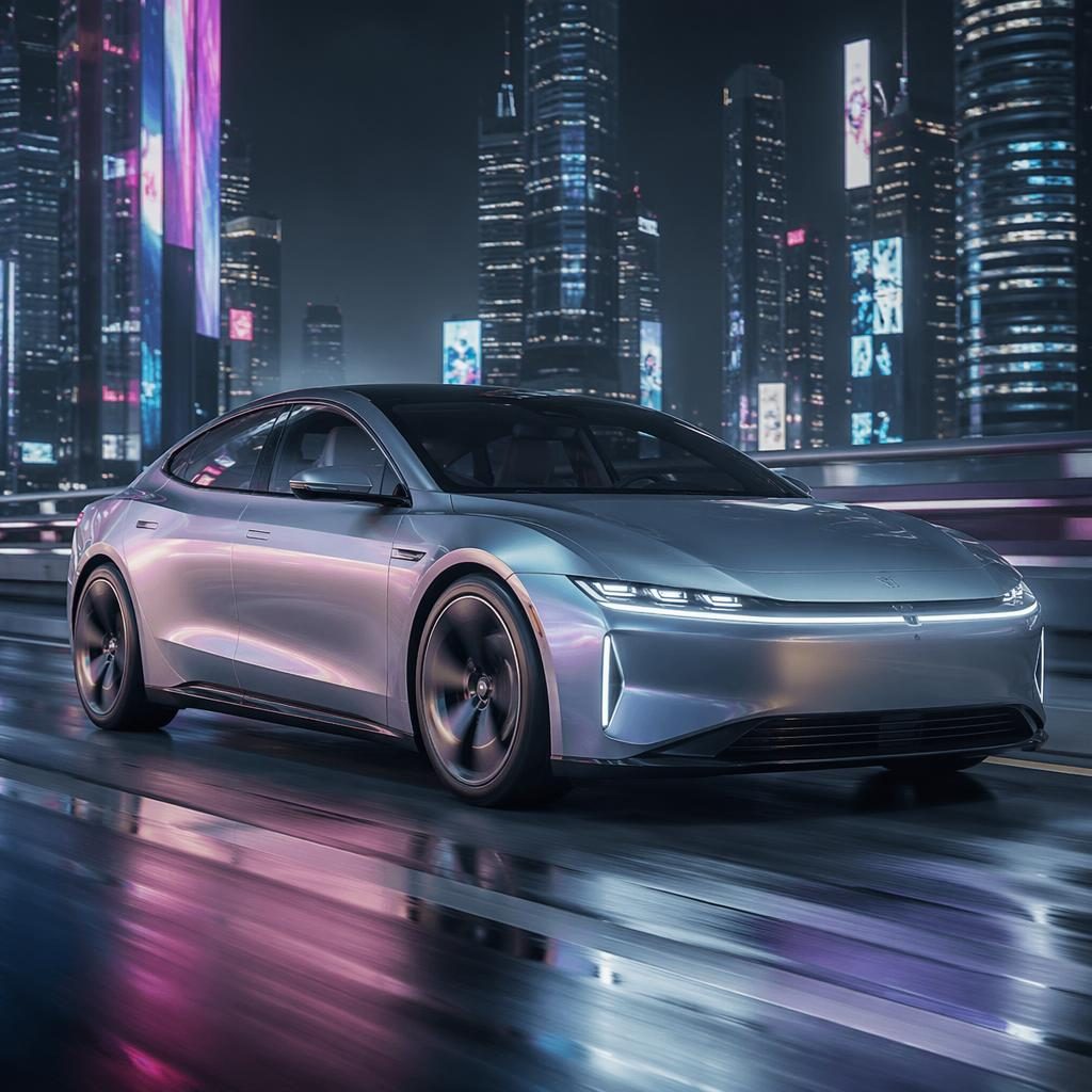Sedán eléctrico futurista 2050 en plata iridiscente, vista frontal tres cuartos sobre autopista de megaciudad neón