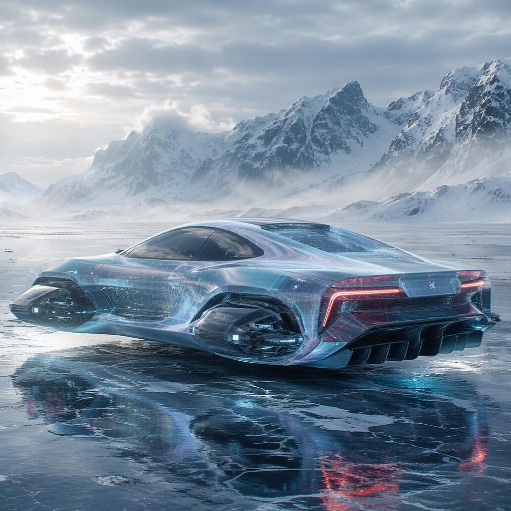 Futuristický obojživelný hovercar s holografickou karoserií na zmrzlé tundře, pohled zezadu ze tří čtvrtin.