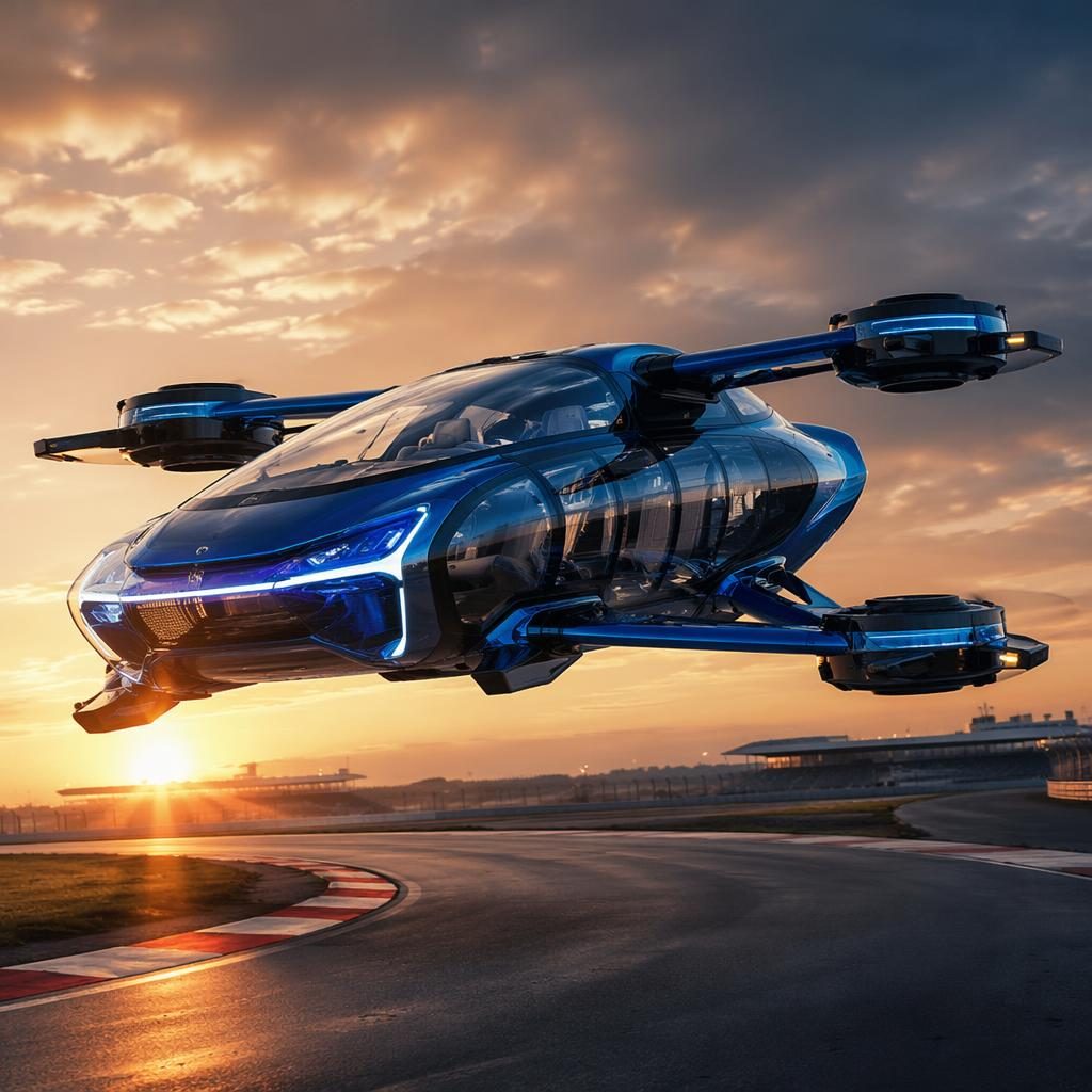 Aerial futuristic flying sedan in electric blue with transparent panels, shown in side profile above a race track.