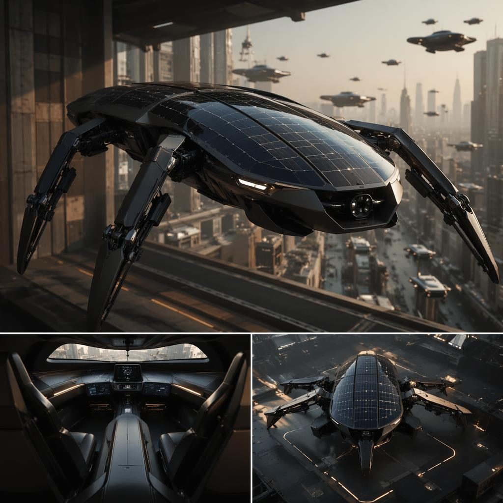 Matte black retro-futurist flying car concept with solar skin, low front view on a vertical city skywalk