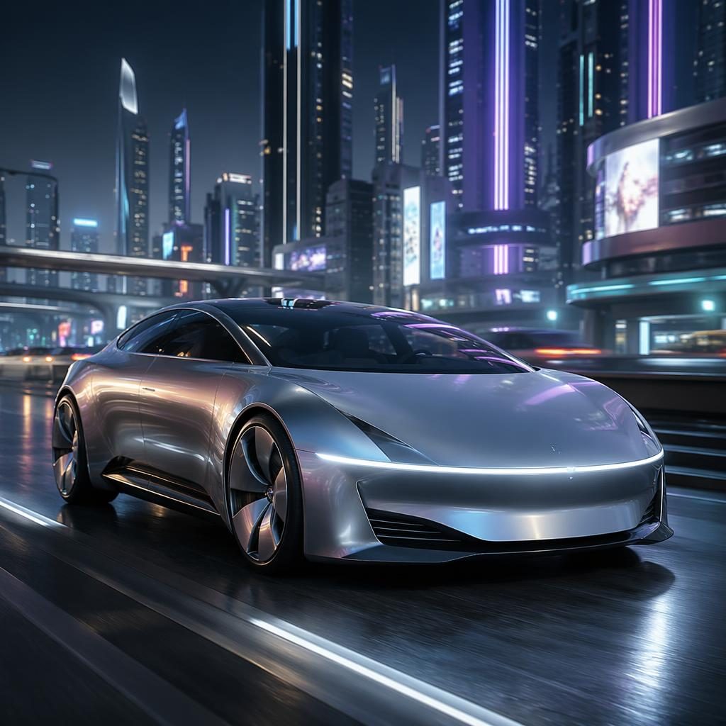 Fotorealistisk 2050-sedan i skimrande silver på neonupplyst motorväg i futuristisk megastad, sedd framifrån i vinkel.