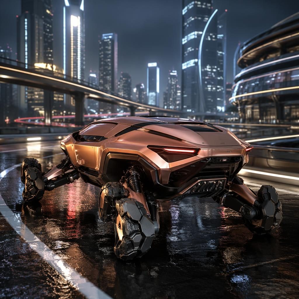 Copper pearl futuristic electric off-roader concept, rear three-quarter view on a neon megacity highway