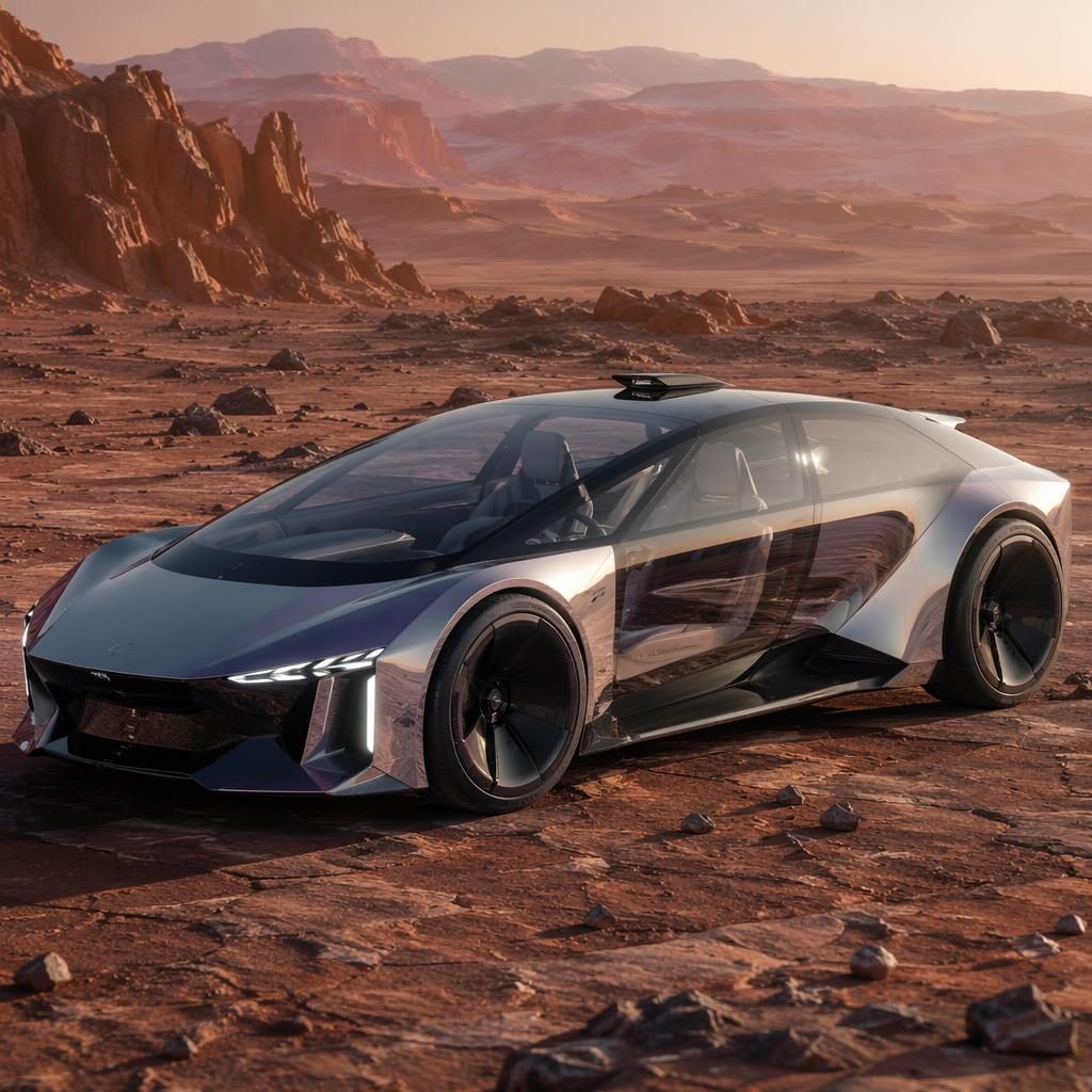 Rendu aérien d’une berline pod futuriste argent iridescent à carrosserie OLED transparente sur un paysage aride martien.