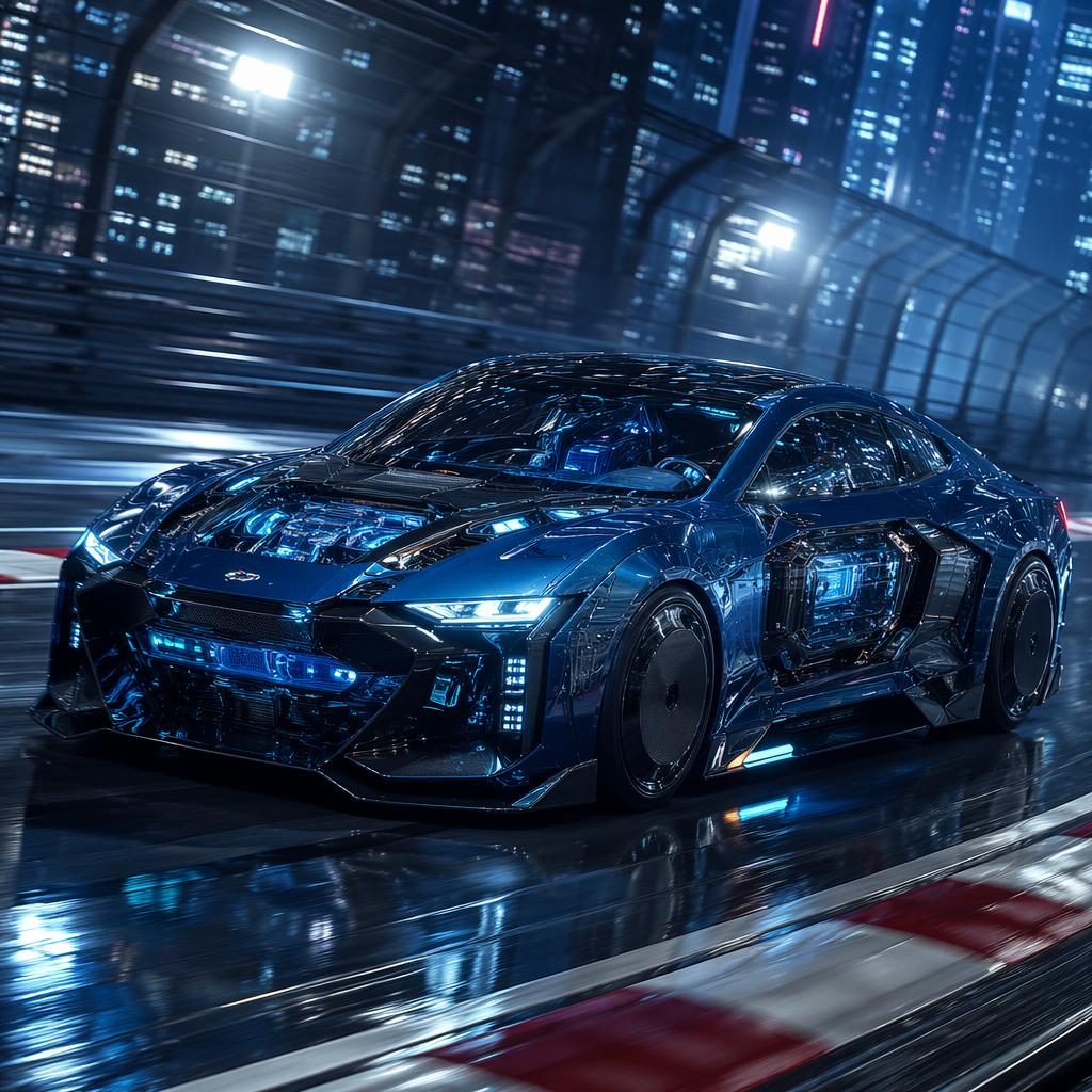 Electric blue cyberpunk armored sedan concept with transparent panels on a race track, shown in three-quarter front view.
