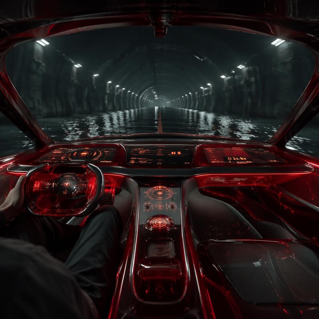 Interior POV of a deep red translucent futuristic SUV hovercar in an underground tunnel with cinematic lighting