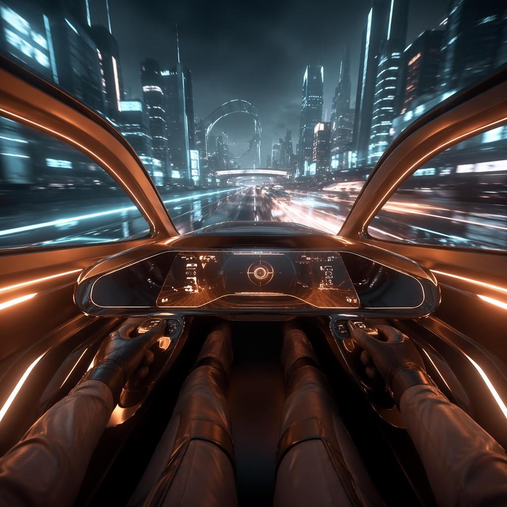 Innenansicht eines futuristischen Magnet-Schwebrenners mit kupferfarbener Karosserie auf einer Neon-Autobahn