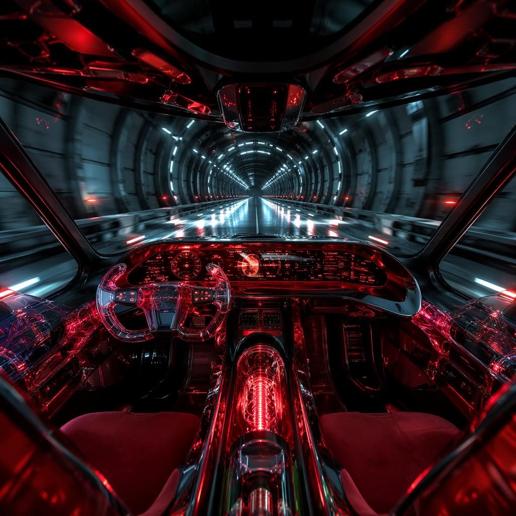 Interior POV of a deep red translucent 2100 flying car in an underground tunnel, cinematic futuristic concept render