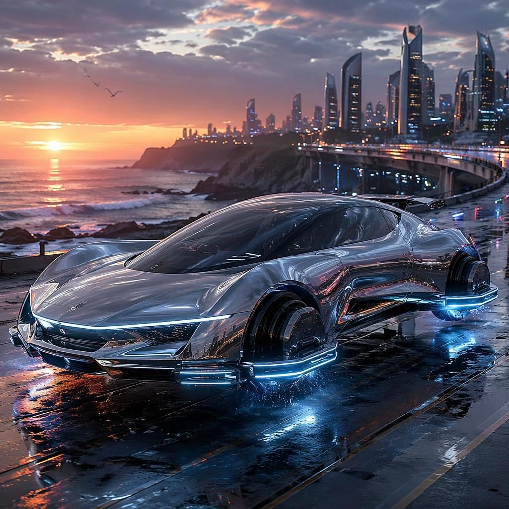 Futuristisches Magnet-Schwebesportcoupé mit Liquid-Chrome-Karosserie im Cyberpunk-Stil an einer Küste bei Sonnenuntergang