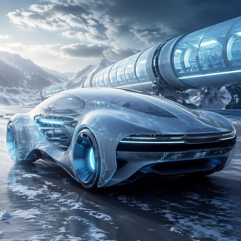 Three-quarter rear render of a futuristic anti-gravity SUV with holographic bodywork on a frozen tundra.