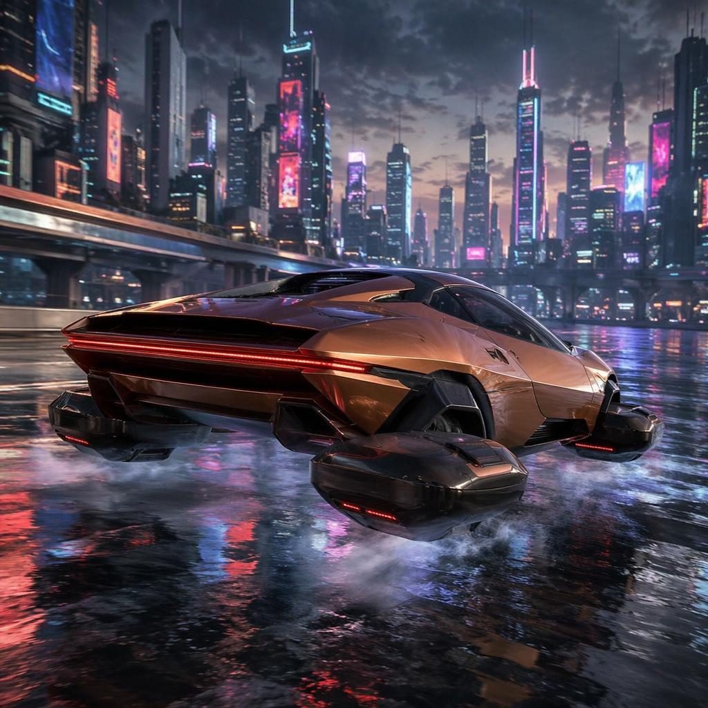 Copper pearl amphibious hovercar in three-quarter rear view on a neon megacity highway, sleek electric futuristic design.