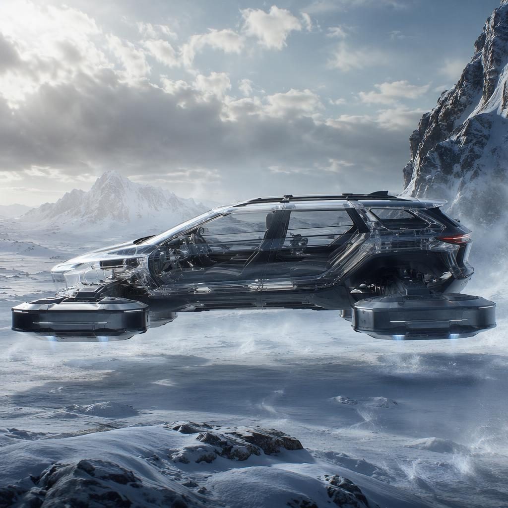 Boční pohled na futuristický levitující snow rover 2035 s průsvitnou krystalickou karoserií v džungli.