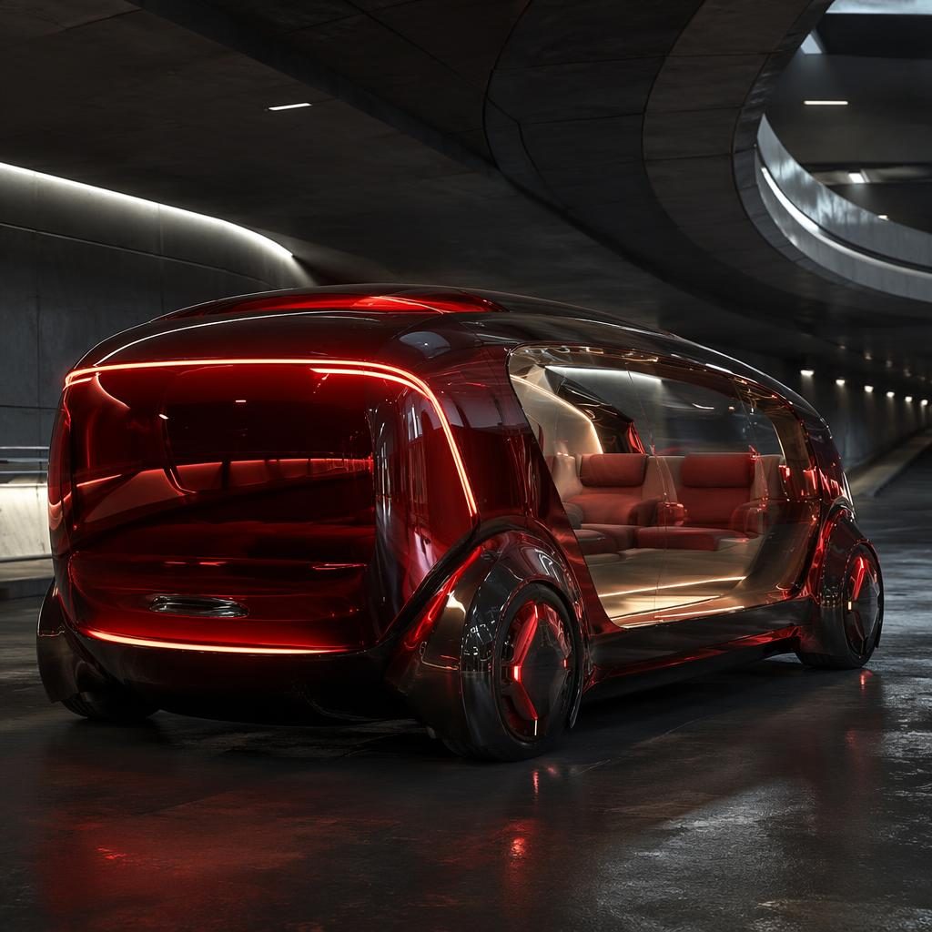 Deep red translucent autonomous pod taxi in a three-quarter rear view inside an underground tunnel, cinematic lighting