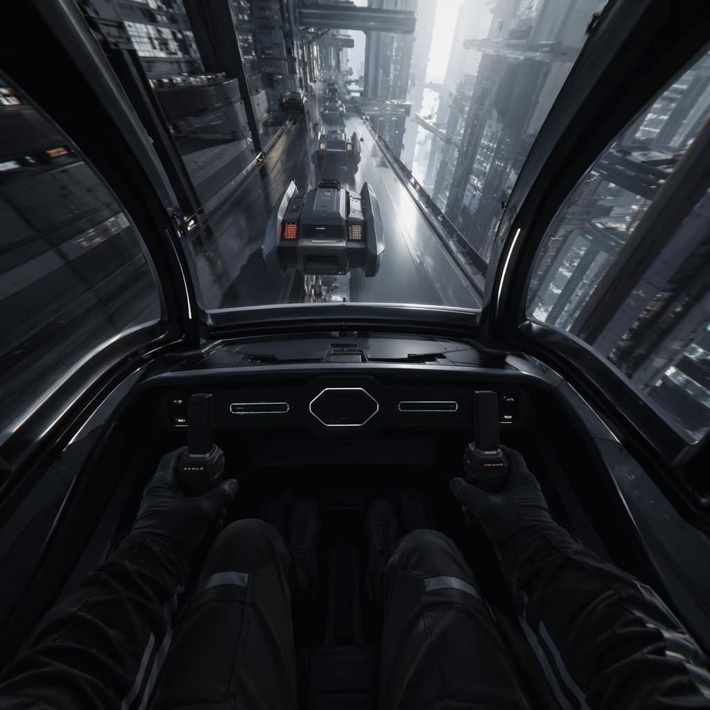 Konzept-Render eines futuristischen Rennfahrzeugs 2100 mit rotierender Kabine, mattschwarzer Karosserie und Innenraum-POV