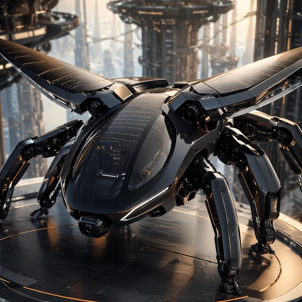 Matte black 2050 flying car concept with solar skin, insect-like crawler design, viewed low on a vertical city skywalk
