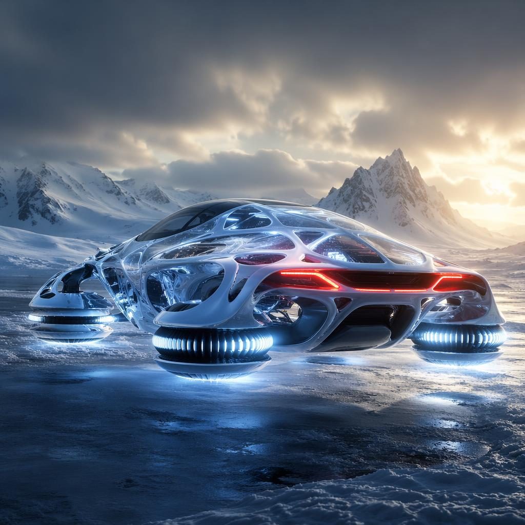 Three-quarter rear view of a futuristic levitating snow rover on frozen tundra with holographic bodywork.