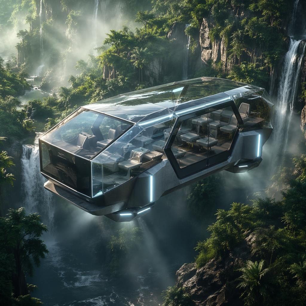 Vue aérienne d’un pod taxi autonome futuriste, carrosserie translucide en cristal, style brutaliste, au-dessus de la jungle
