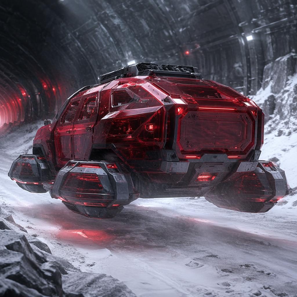 Deep red translucent levitating snow rover in an underground tunnel, shown from the rear three-quarter view.