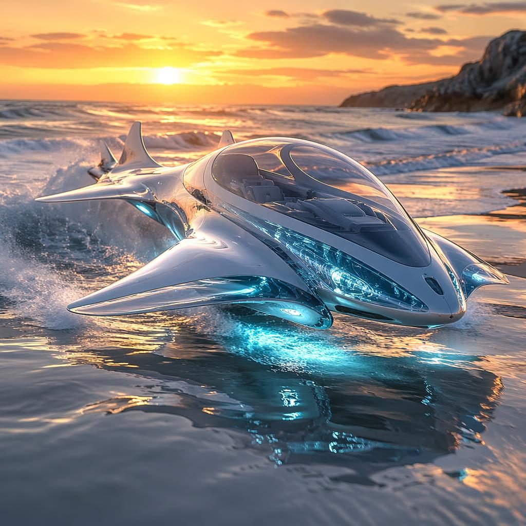 Render de veículo flutuante 2100 translúcido, inspirado em golfinho surfando onda, sobre água costeira ao pôr do sol