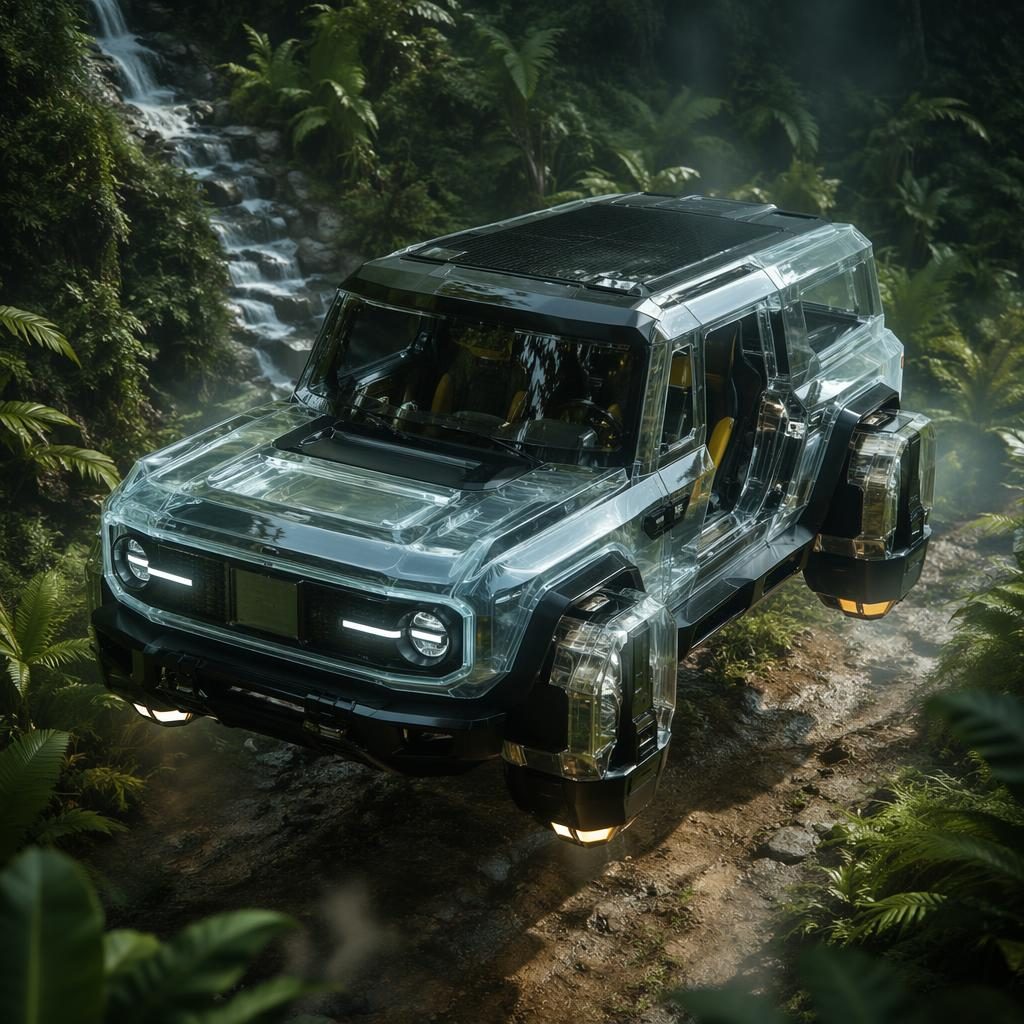 Aerial view of a futuristic brutalist hover hatch with translucent crystal body in a jungle, cinematic lighting