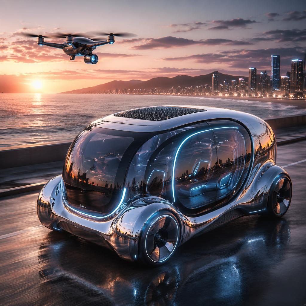 Rendu aérien d’un pod autonome 2080 au style cyberpunk, carrosserie chrome liquide, sur côte au coucher du soleil.