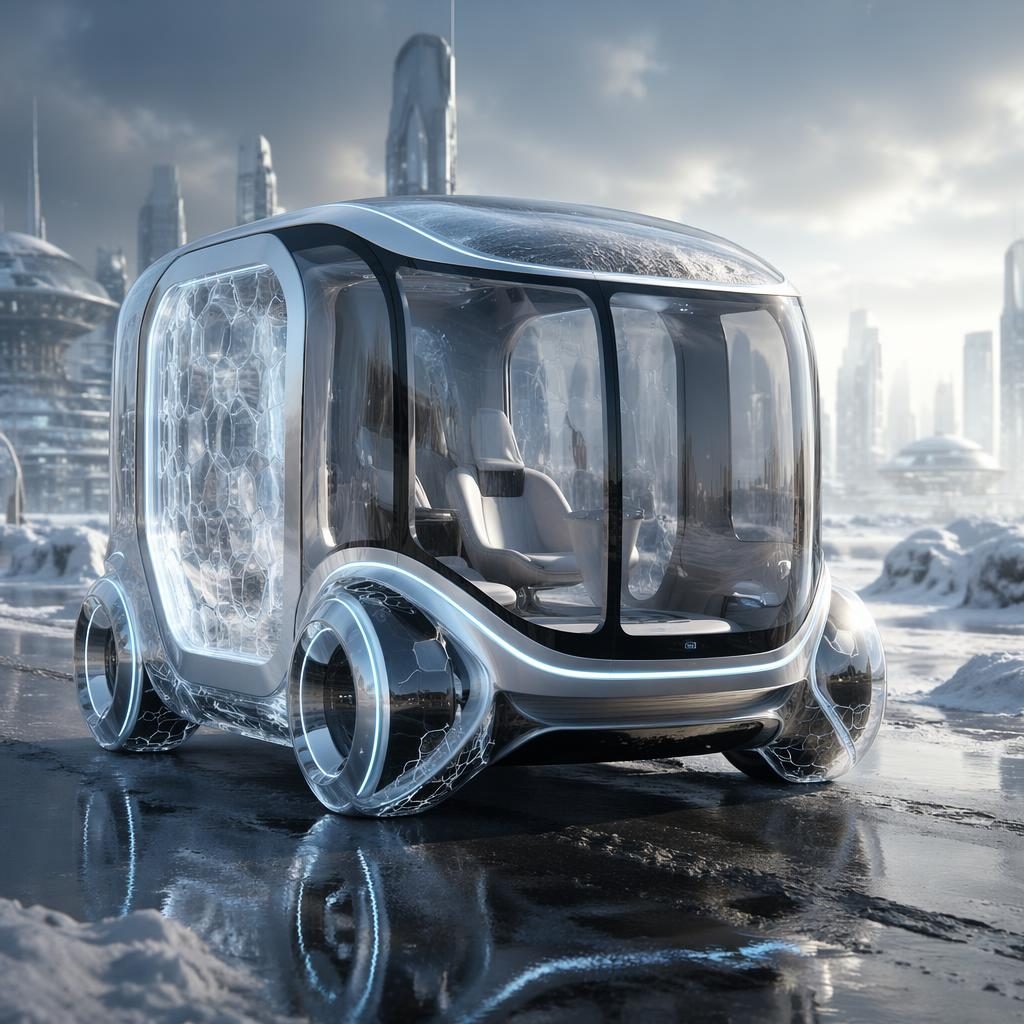 Futuristisches modulares Cube-Car mit holografischer Karosserie über gefrorener Tundra, aus tiefer Frontperspektive