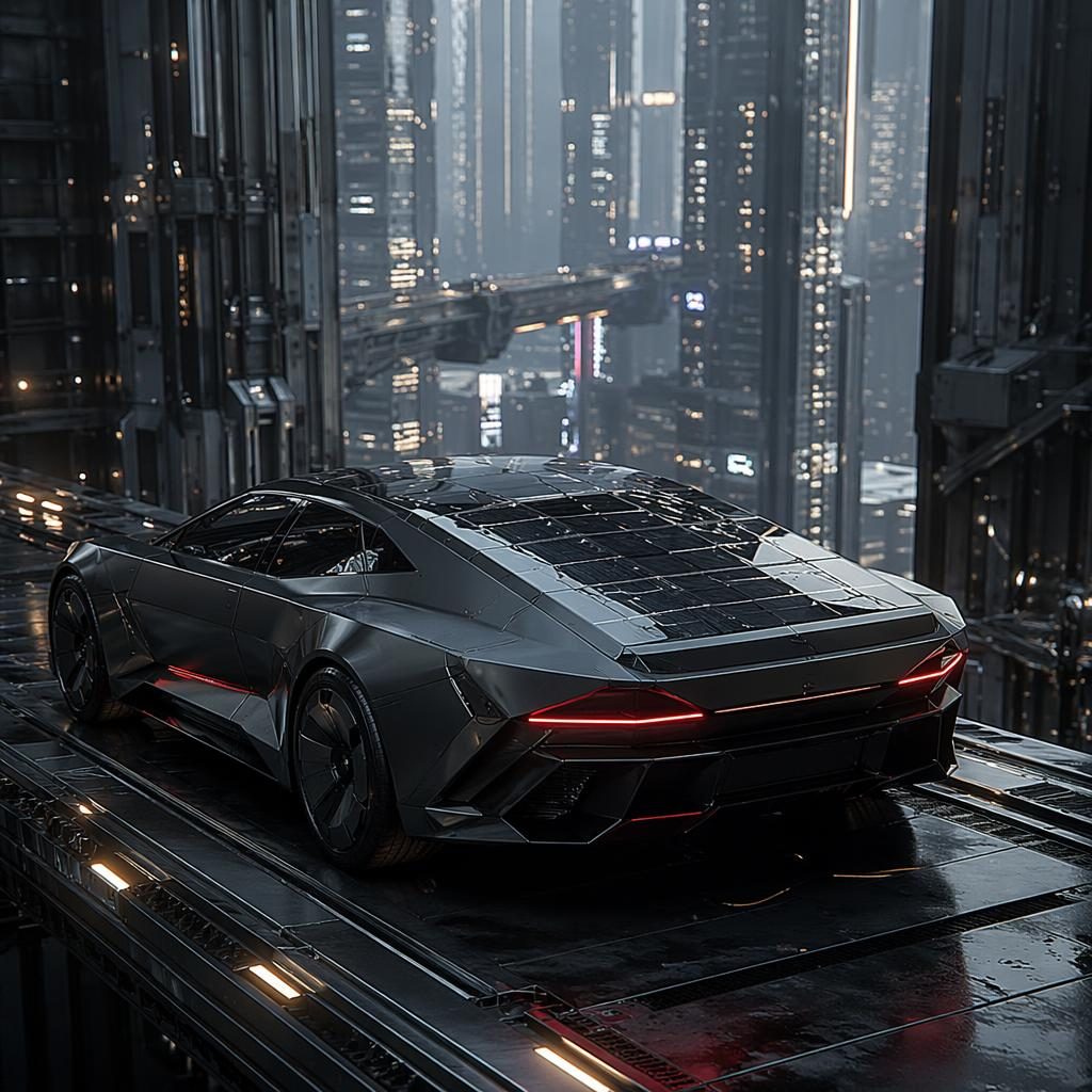 Matte black cyberpunk armored sedan concept render, three-quarter rear view on a vertical city skywalk at night