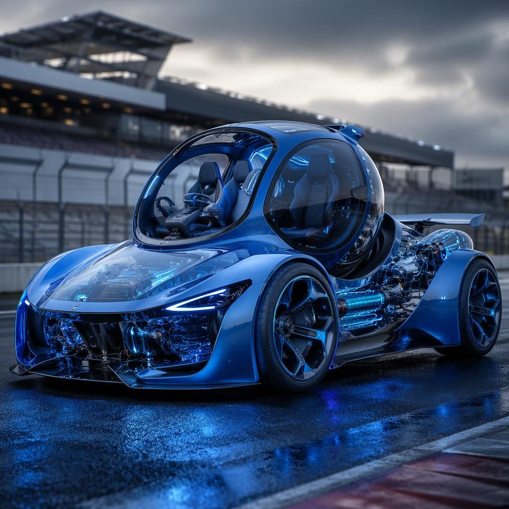 Rendu 3D d’une hot hatch futuriste 2200 bleu électrique, panneaux transparents, vue trois quarts avant sur circuit.