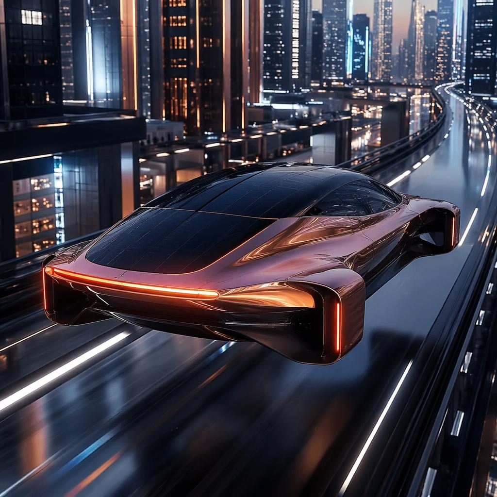 Futuristický létající elektromobil v měděném perleťovém laku, zadní tříčtvrteční pohled, neonová megaměsta dálnice