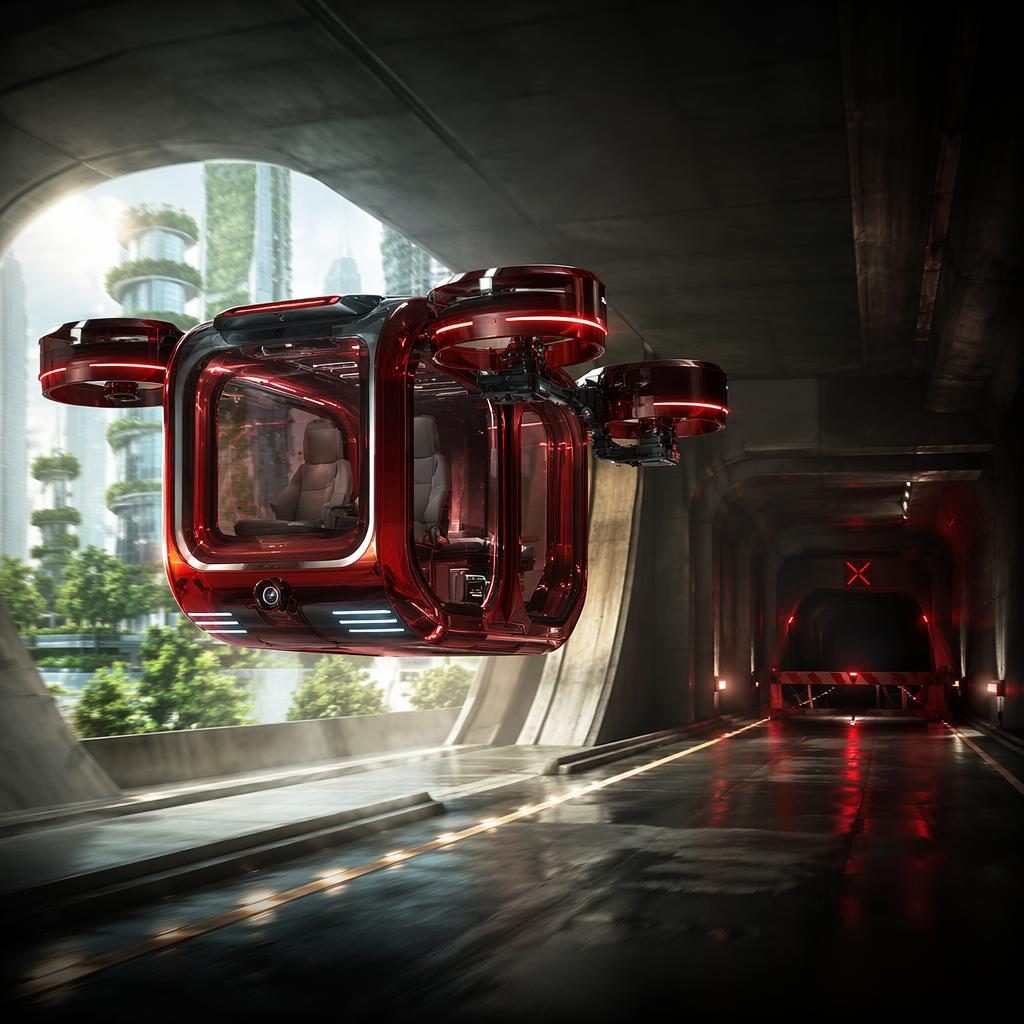 Tiefrote, transparente Flugauto-Studie 2050 in modularer Cube-Form, frontal tief aufgenommen in einem Tunnel