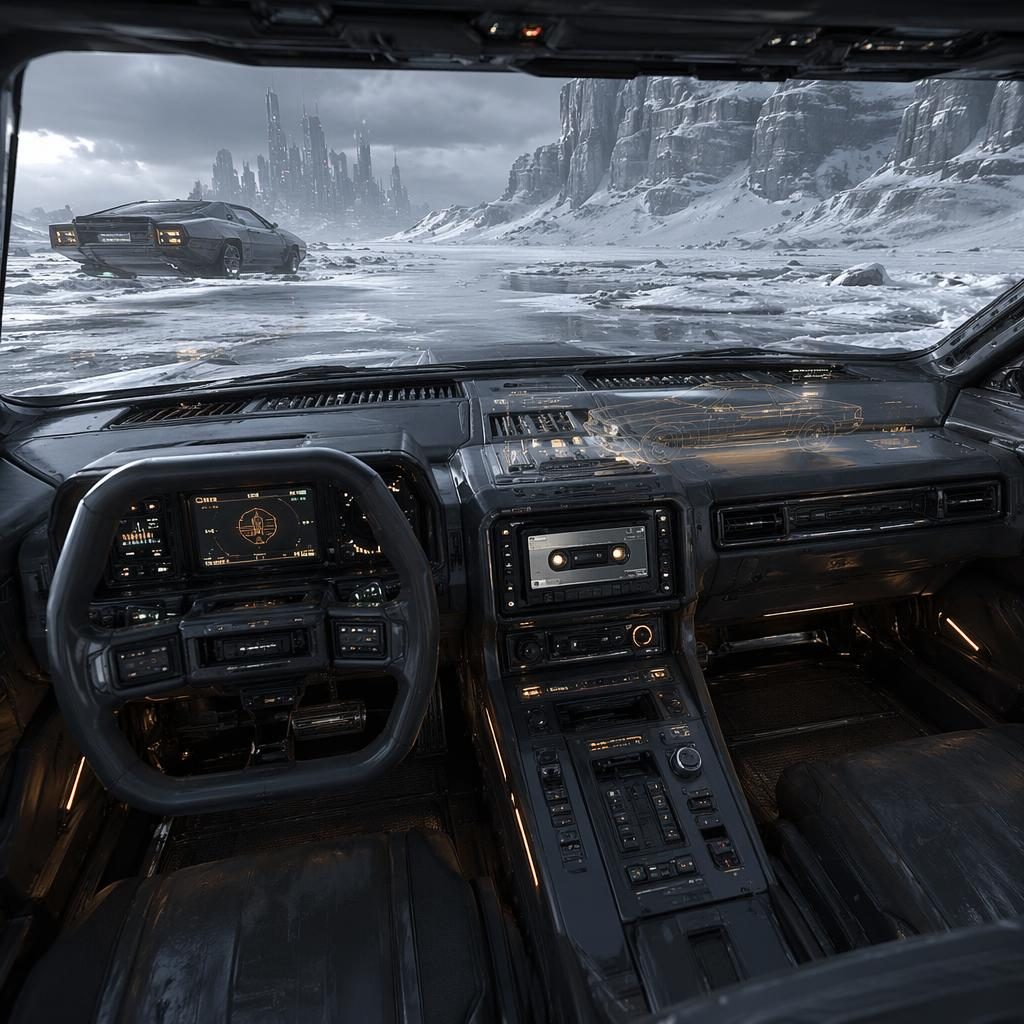 Interior POV of a futuristic armored sedan with holographic bodywork crossing a frozen tundra in cinematic light.