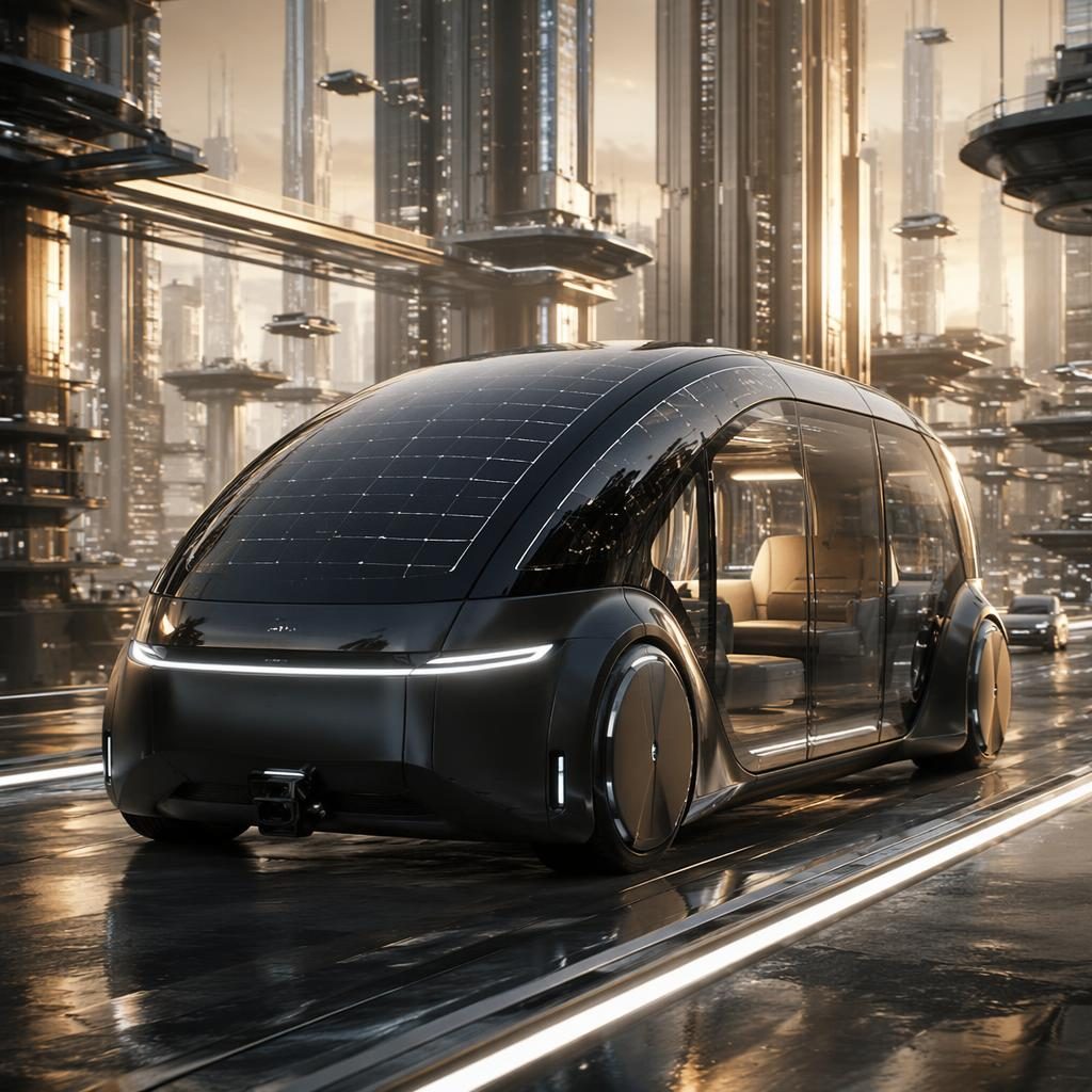 Rendu d’un taxi pod autonome futuriste noir mat, vue avant basse, sur passerelle urbaine verticale éclairée