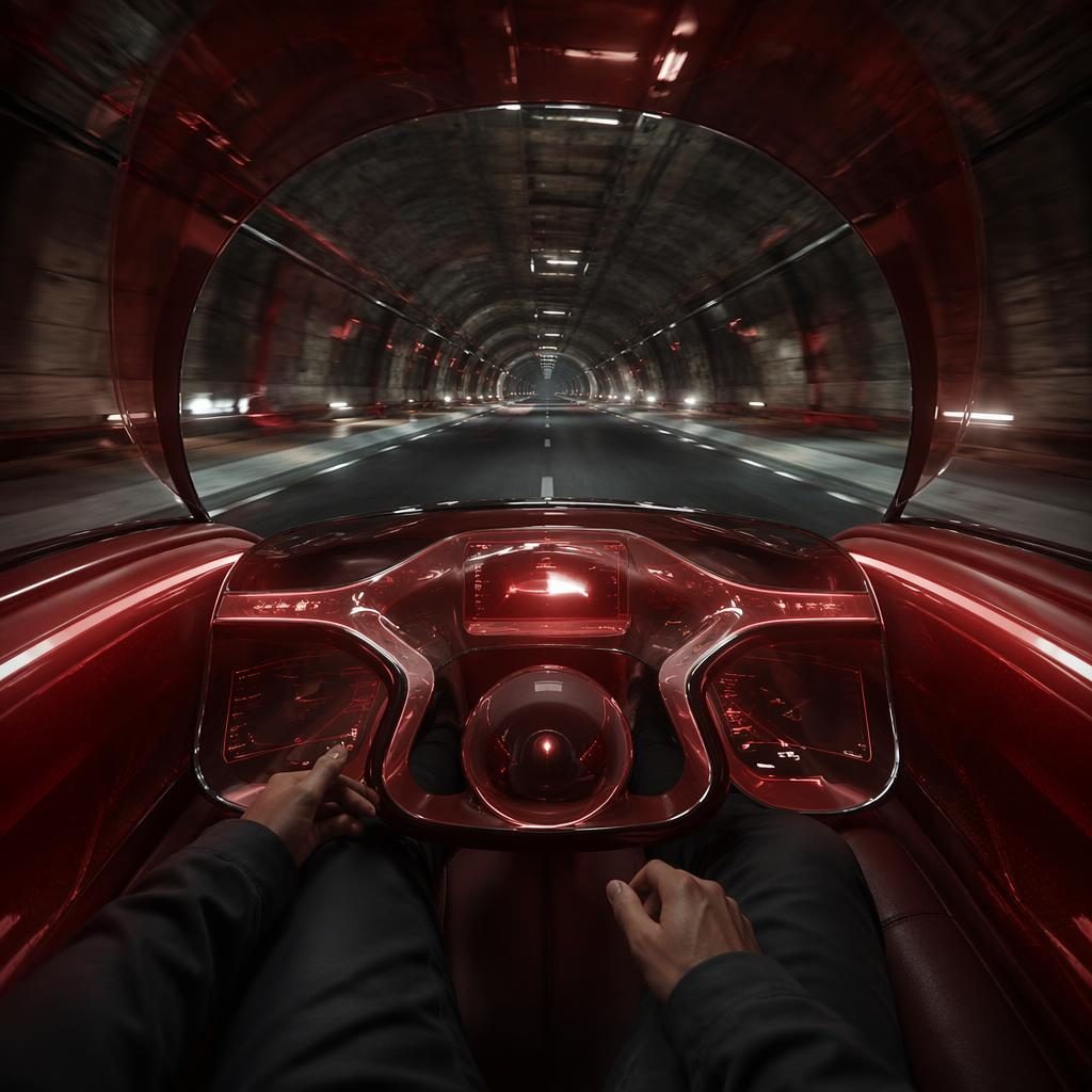 Pohled z interiéru na futuristické průsvitné SUV 2100 v tmavě červené barvě v podzemním tunelu.