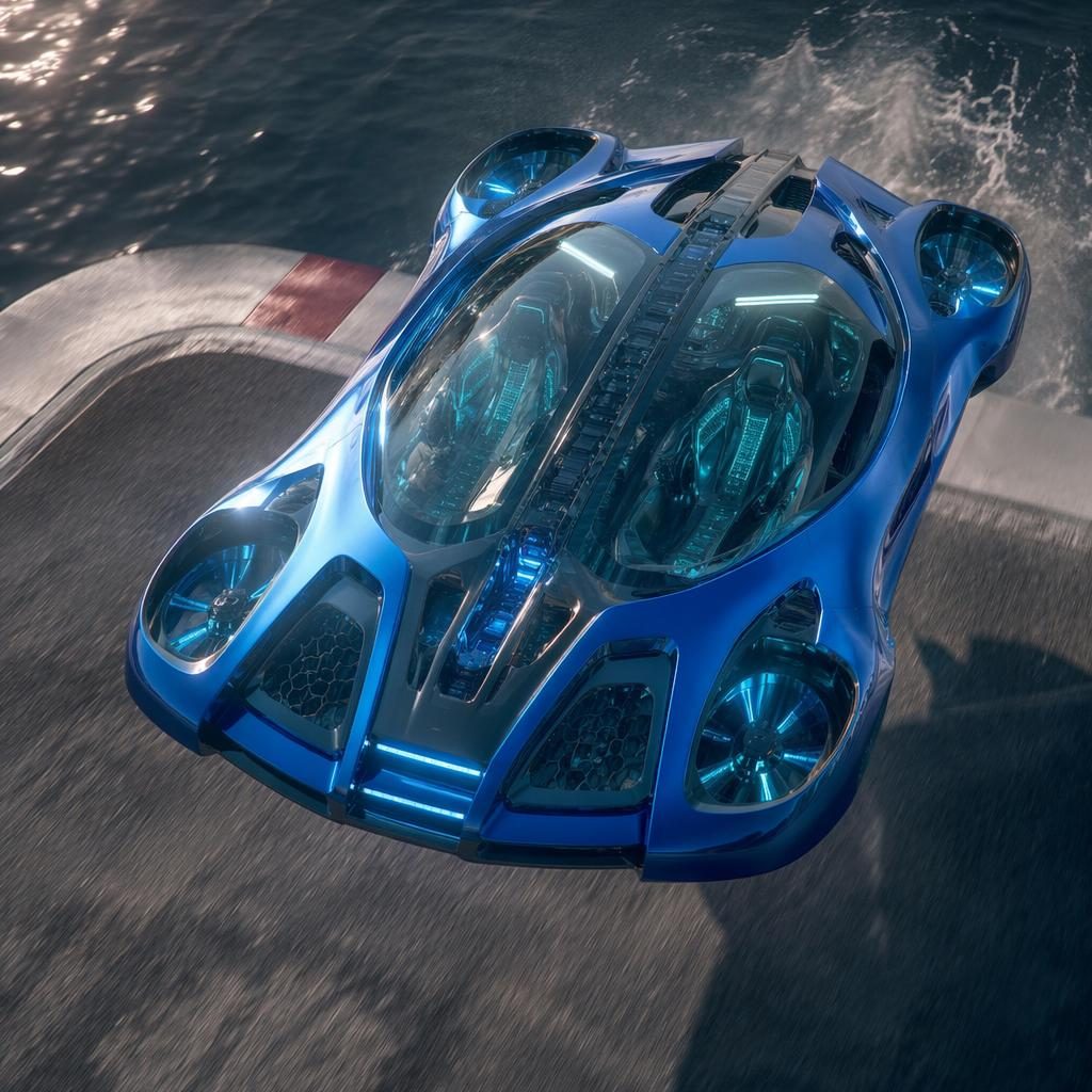 Futuristický obojživelný hover sedan 2080 v elektricky modré barvě nad závodní dráhou, letecký záběr, transparentní panely.