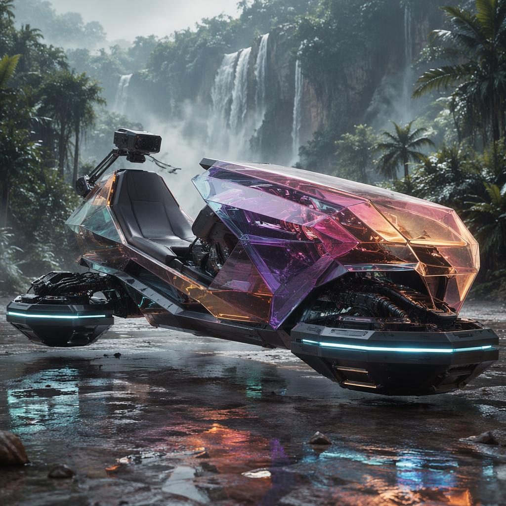 Rendu aérien d’un trike électrique futuriste en lévitation, carrosserie translucide, style brutaliste, au-dessus de la jungle