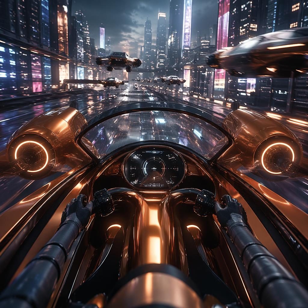 Vista interior de un trike eléctrico futurista 2100, color cobre perlado, circulando por autopista de megaciudad neón