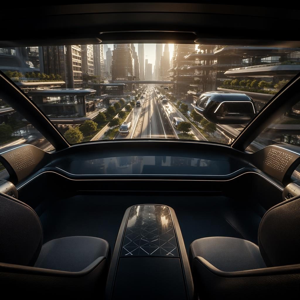 Vue intérieure d’un taxi autonome volant noir mat, design rétro-futuriste, sur passerelle aérienne urbaine verticale