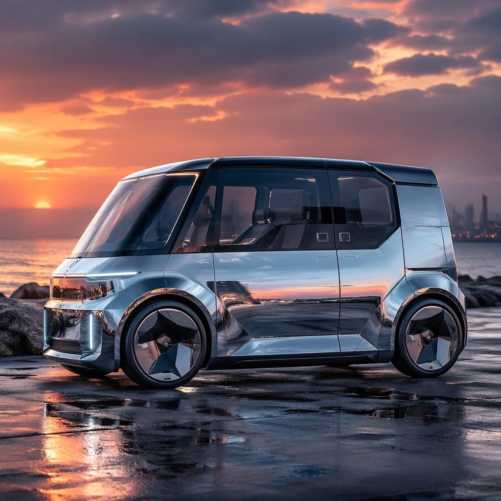 Side profile render of a liquid chrome 2035 hydrogen hot hatch with cyberpunk styling on a coastal sunset backdrop.