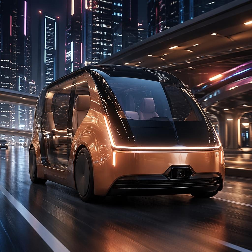 Copper pearl 2050 autonomous pod taxi off-roader on a neon megacity highway, shown from a low front angle