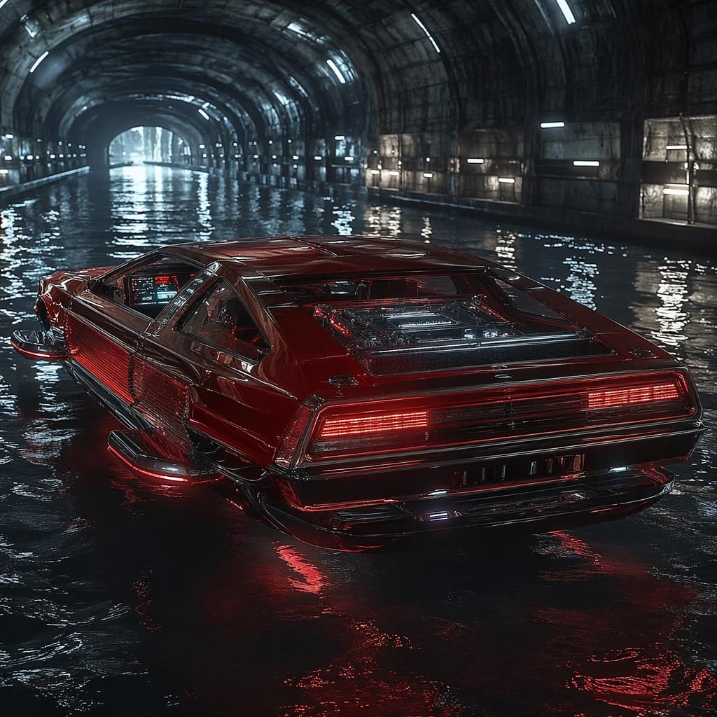 Render de hovercar anfibio futurista 2050 en rojo oscuro, diseño translúcido, vista baja en túnel subterráneo