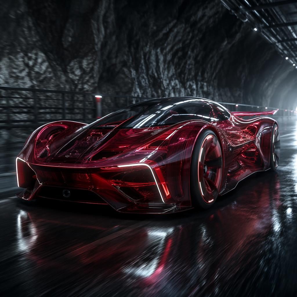 Futuristický off-road 2050 v tmavě červené, průsvitné karoserii v podzemním tunelu, záběr z nízké přední kamery.
