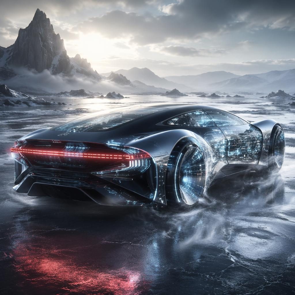 Three-quarter rear view of a futuristic cyberpunk armored sedan concept on frozen tundra with holographic bodywork