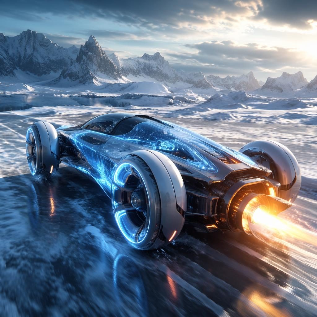 Render de coche concepto futurista tipo roadster cohete, vista trasera en tres cuartos, sobre tundra helada