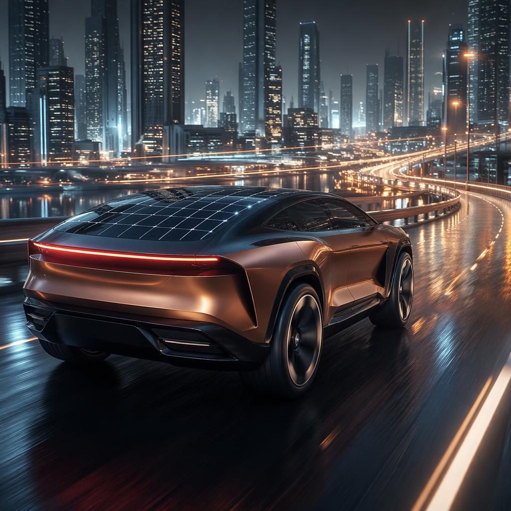 Futuristický elektrický off-road v měděném perleťovém laku, pohled zezadu ze tří čtvrtin na neonové dálnici megaměsta.