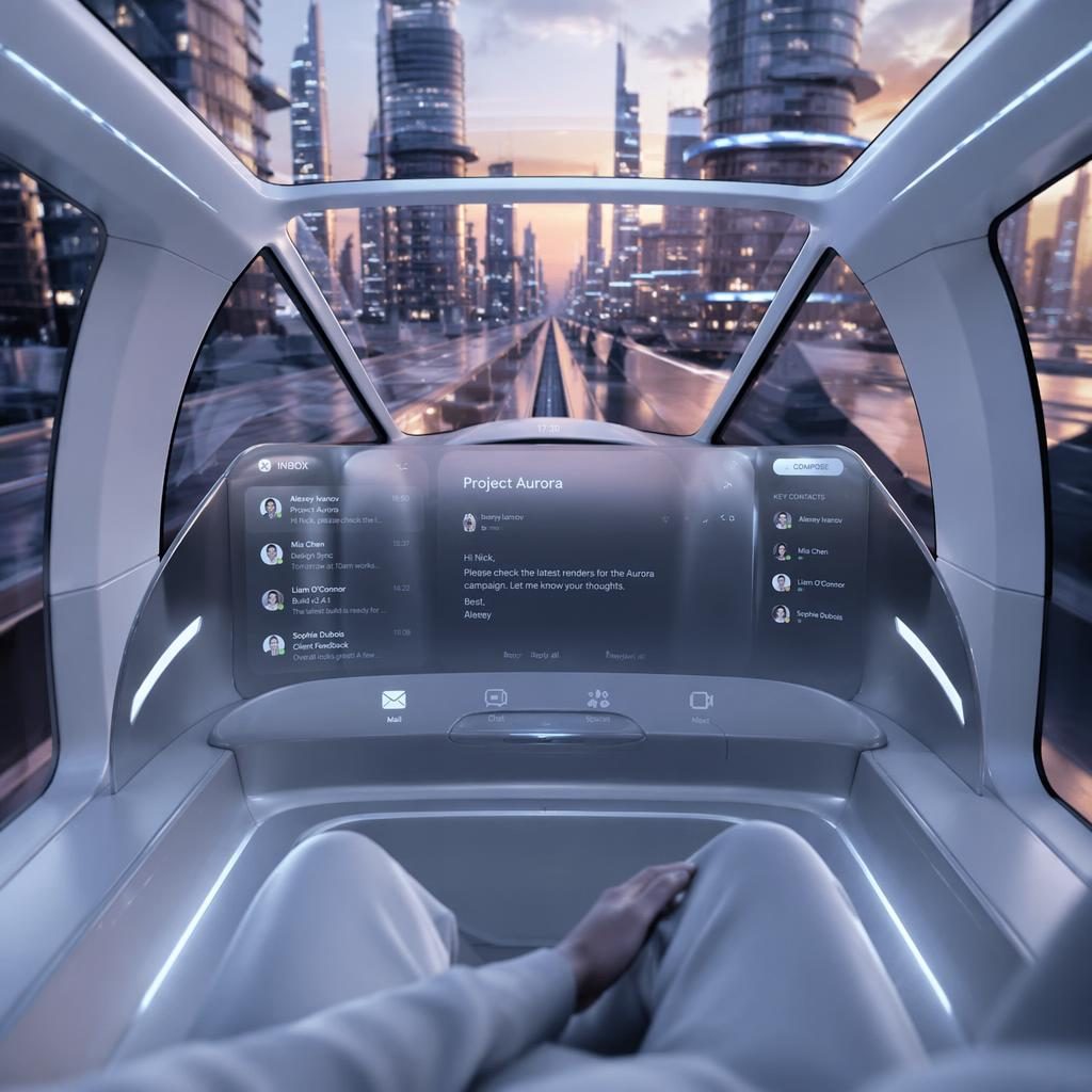 Widok z wnętrza futurystycznego autonomicznego podu 2050 z interfejsem inspirowanym gmail com na skywalku