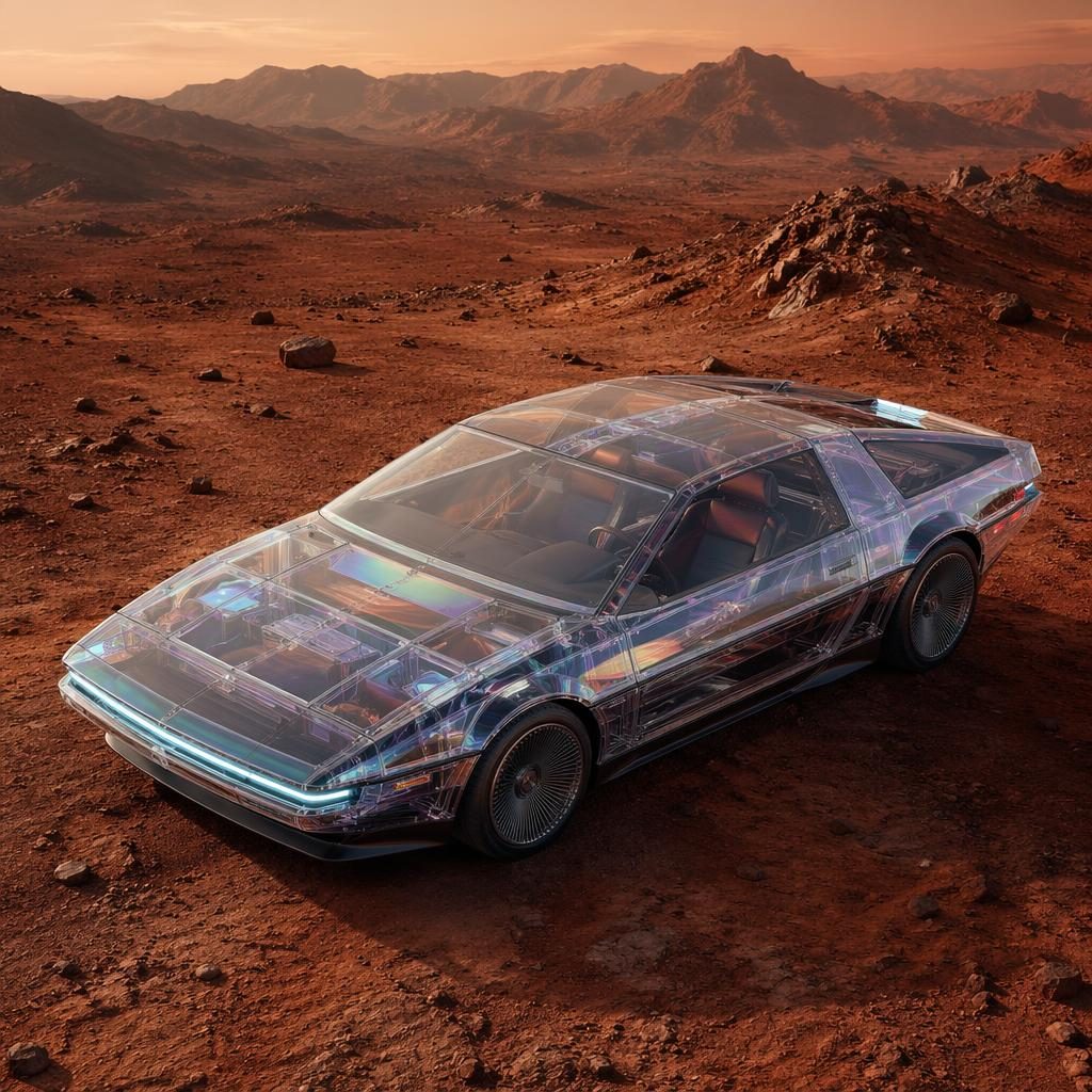 Render aéreo de sedán futurista con carrocería delorean transparente OLED en paisaje árido tipo Marte
