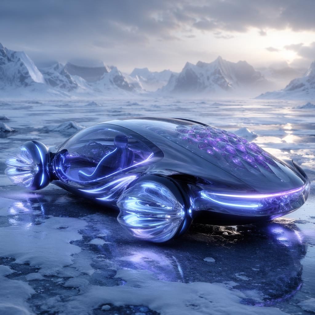 Three-quarter rear view of a futuristic anti-gravity city pod on frozen tundra with holographic organic bodywork.
