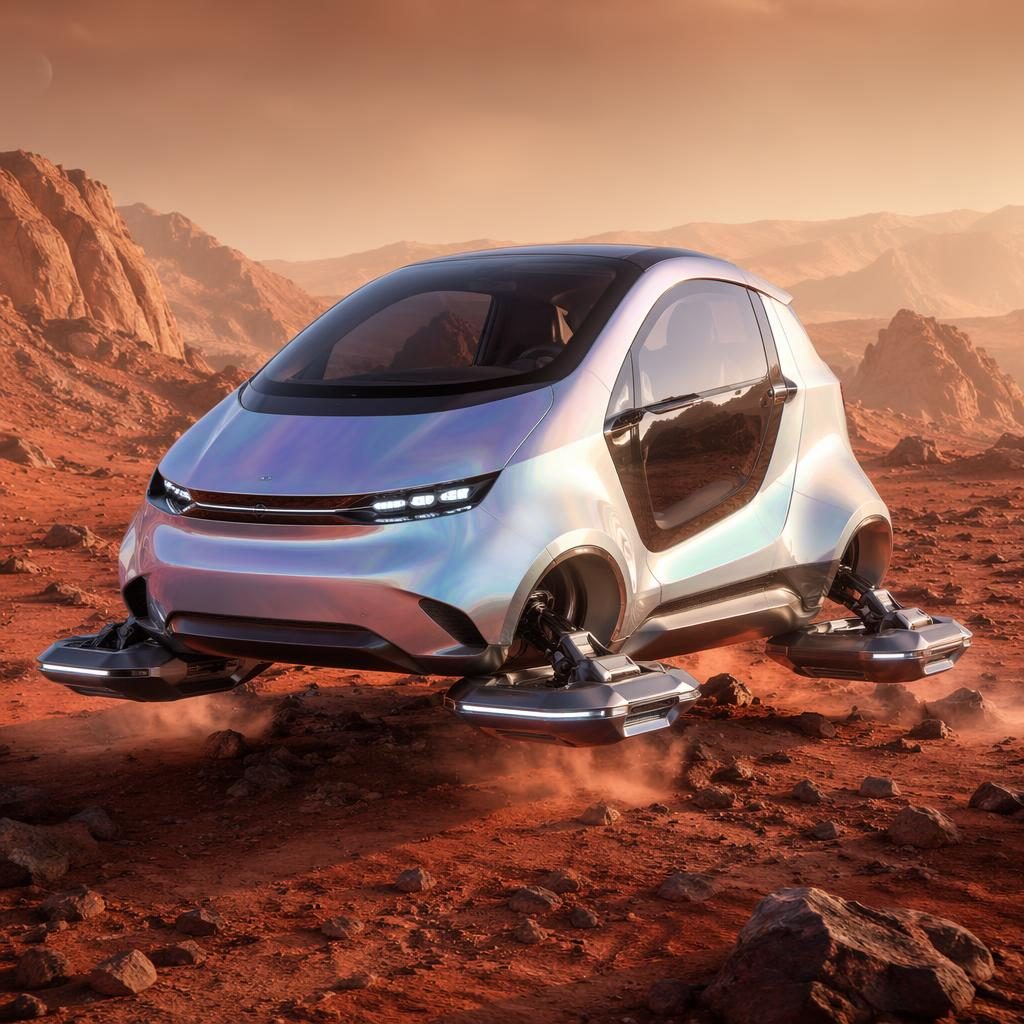 Schwebender futuristischer Snow Rover in irisierendem Silber, Front-Dreiviertelansicht in karger Mars-Landschaft