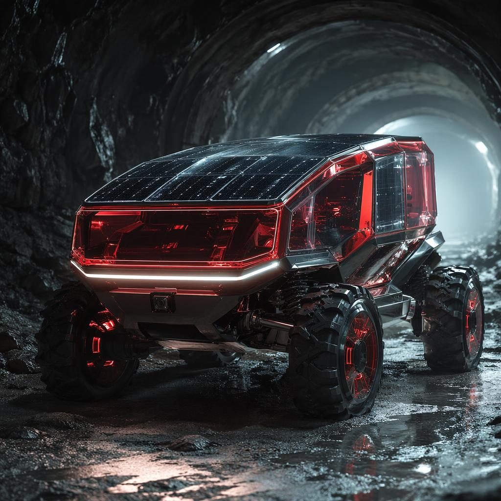 Deep red translucent 2050 off-roader concept with solar canopy, seen low from the front in an underground tunnel