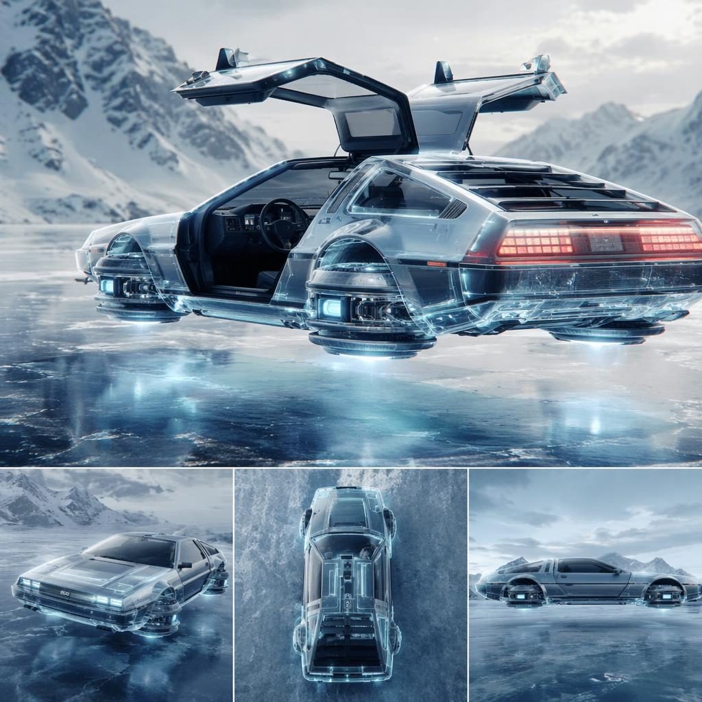 Render de automovil delorean futurista modular, vista trasera en tres cuartos, sobre tundra helada con carrocería holográfica